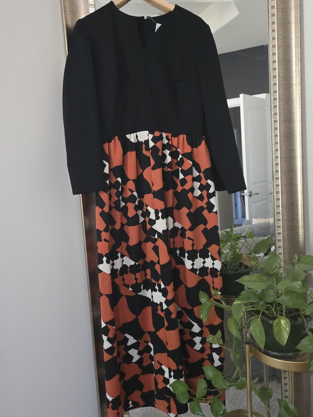 Black Top Maxi Dress with Orange and White Geometric Skirt